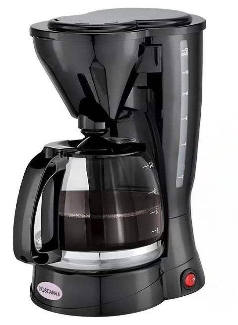 650-watt coffee maker for preparing 6 cups, with a removable and reusable filter, with an automatic shut-off feature and anti-drip, heat-resistant glass jug